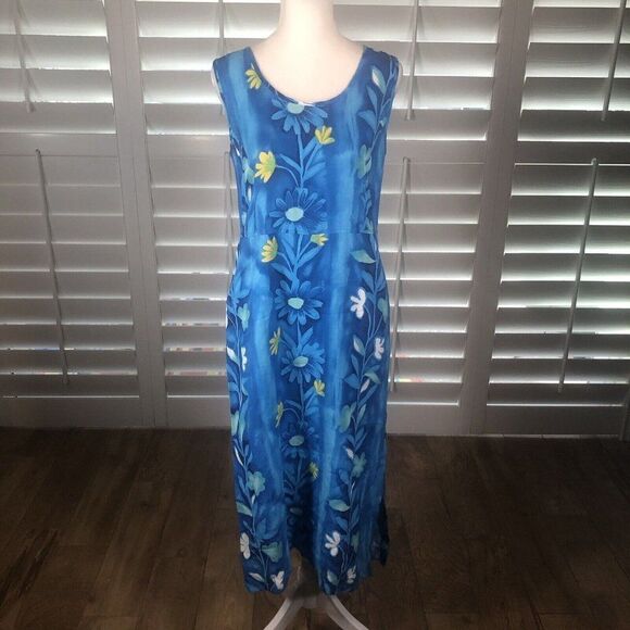 Vtg 90s JAMS WORLD Blue Floral Blutrellis Midi Dress XS Pockets Beach Resort - Picture 1 of 12